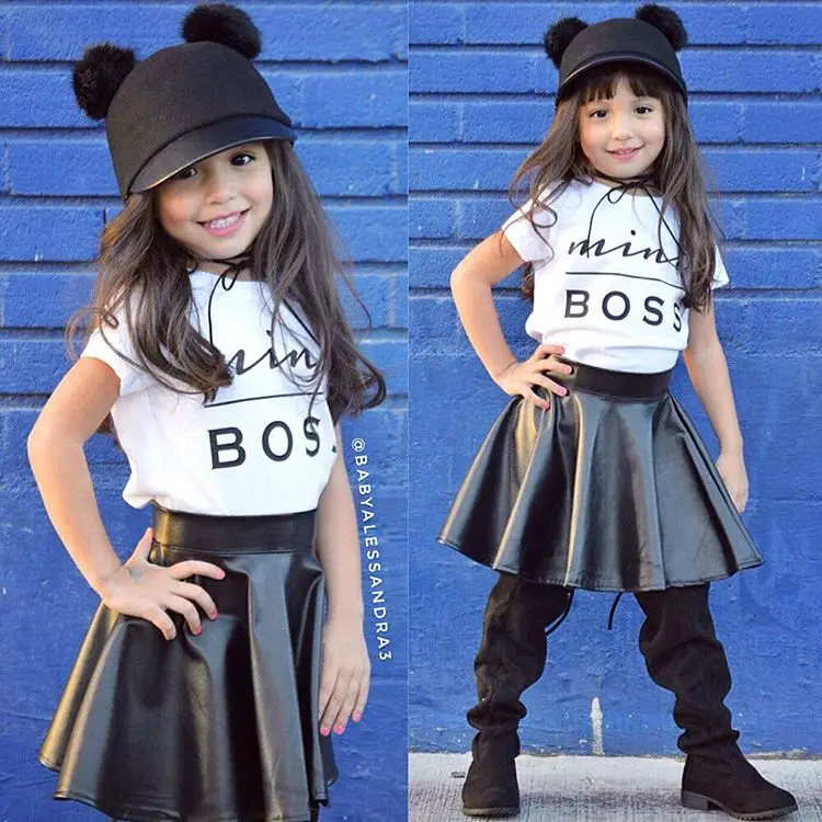 Mini Boss Kids Girls Clothes Set 2018 New Fashion Toddler Summer Short Sleeves T-Shirt Tops+Leather Skirt 2PCS Child Outfits | Мать и