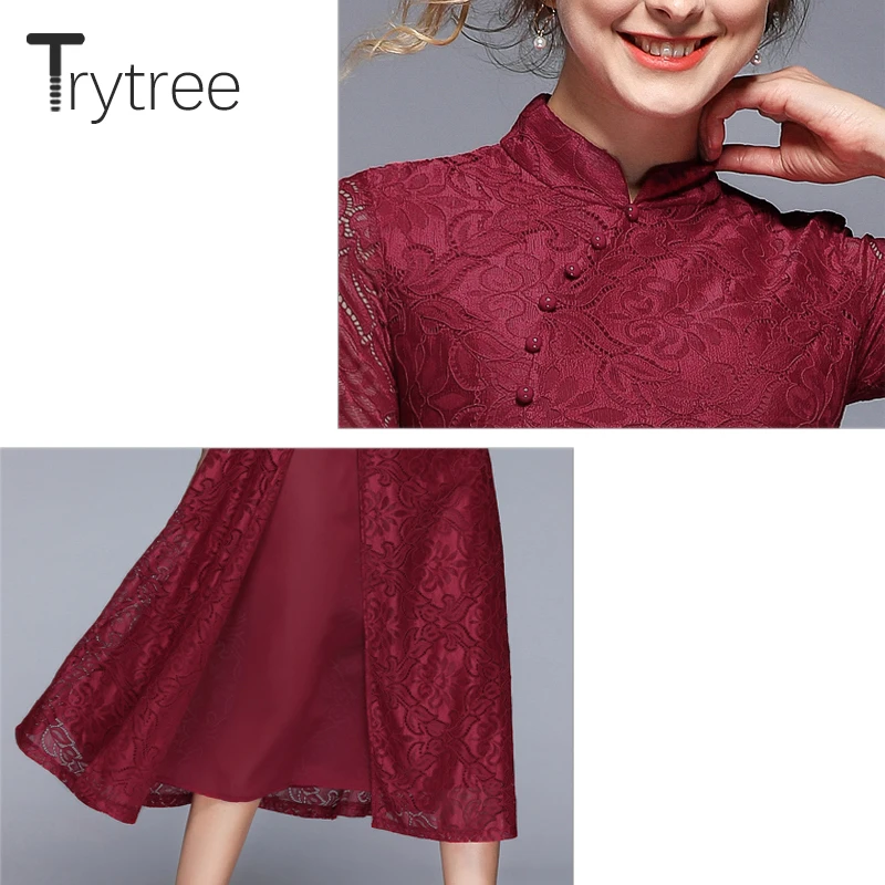 Летнее осеннее однотонное платье Trytree в китайском стиле с воротником стойкой