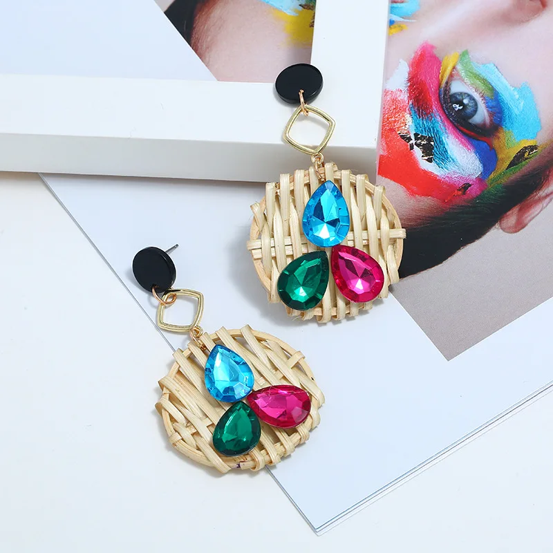 Модные Разноцветные серьги со стразами Большие женские круглые лозы соломы