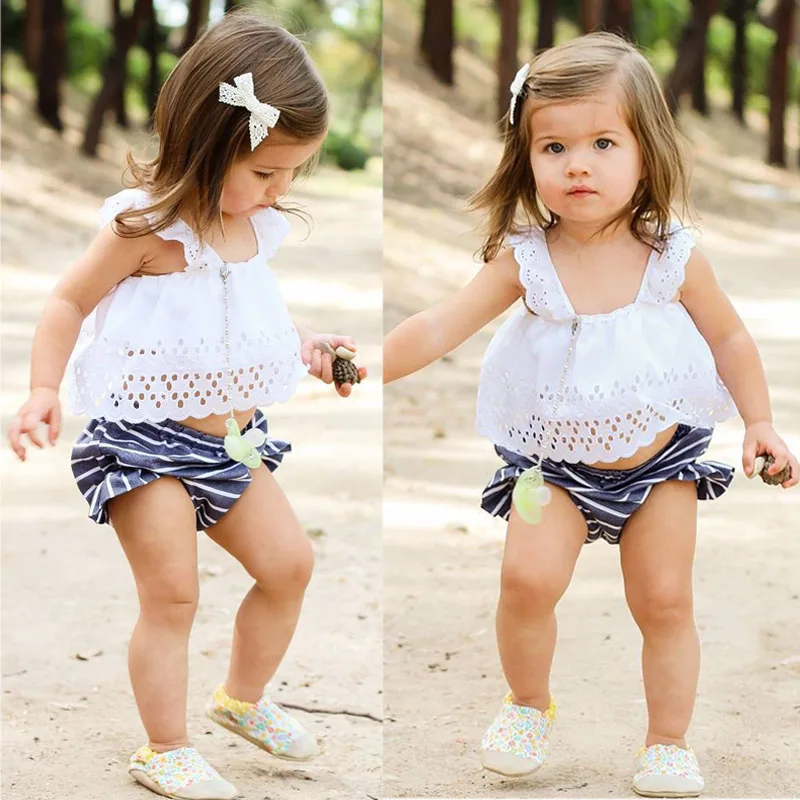 Летний комплект одежды для маленьких девочек белая майка футболка Топы + синие