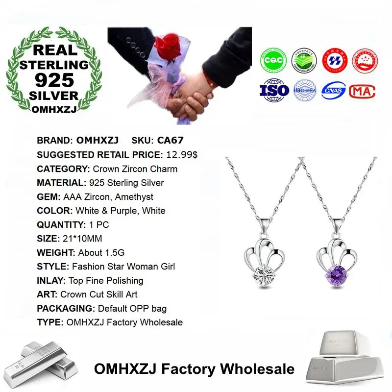 OMHXZJ Wholesale European Fashion Woman Girl Party Gift Crown Amethyst Zircon 925 Sterling Silver Necklace Pendant Charm CA67 | Украшения и