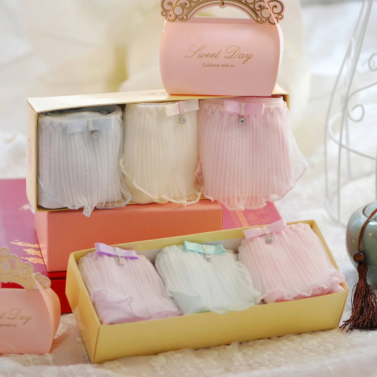 Женское нижнее белье хлопок Плиссированное кружево свежий низкий сахар Зеленый