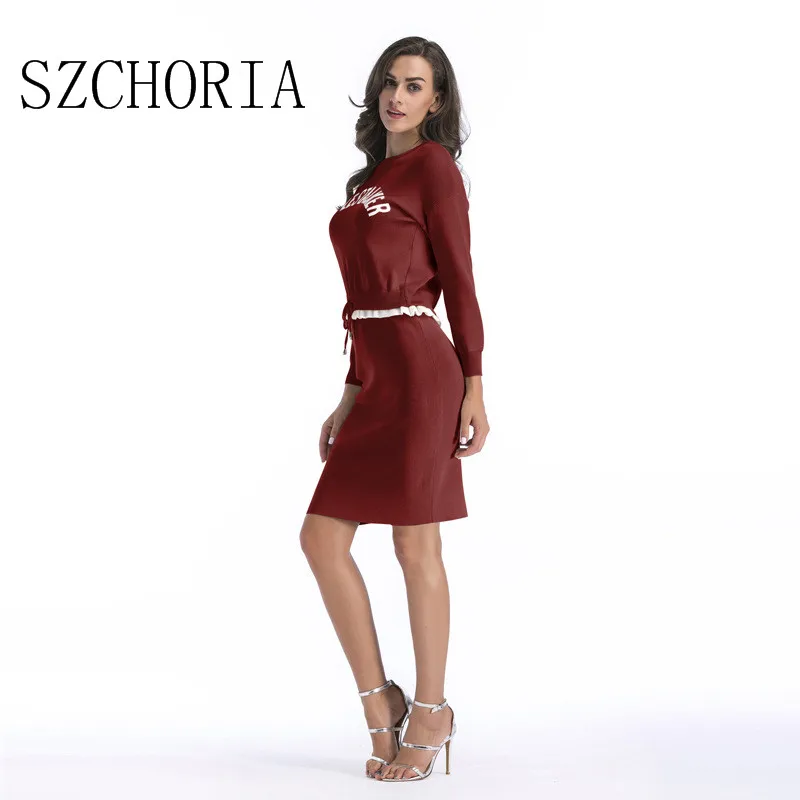 SZCHORIA новое поступление женское платье 2 шт. с длинным рукавом модный свитер осень