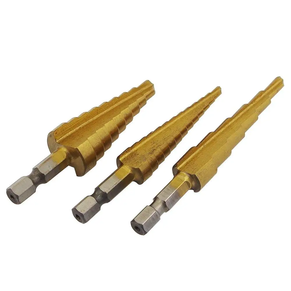 

3pcs/set New 1/4" Hex Shank Titanium Coated Step Drill Bit 1/4-3/4, 1/8-1/2,3/16-1/2 Dual fluted design Drill Accessories