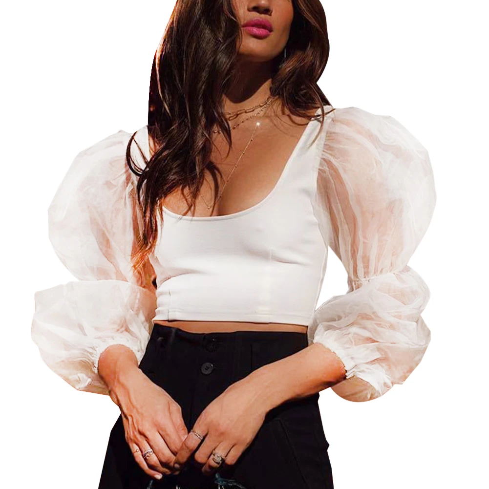 2020 New Fashion Summer Women Sexy Crop Tops Mesh Stitching Lantern Long Sleeve Short Vest White/Black | Женская одежда