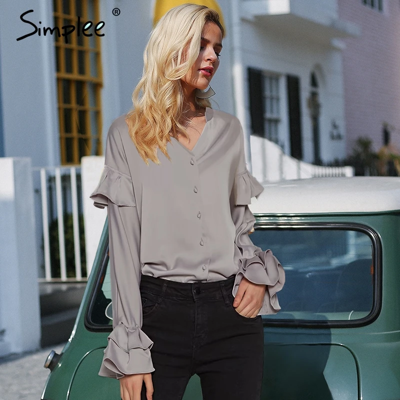 Simplee атлас с v-образным вырезом блузка офис леди бабочка длинными рукавами