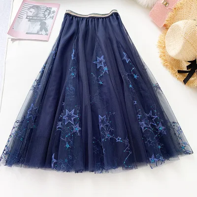 Dark blue Тяжелая работа Элегантные Вышитые женские юбки расшитые блестками Высокая талия сетчатая юбка лето большие качели галактика Фея длинная Тюлевая юбка - Цвет: Dark blue