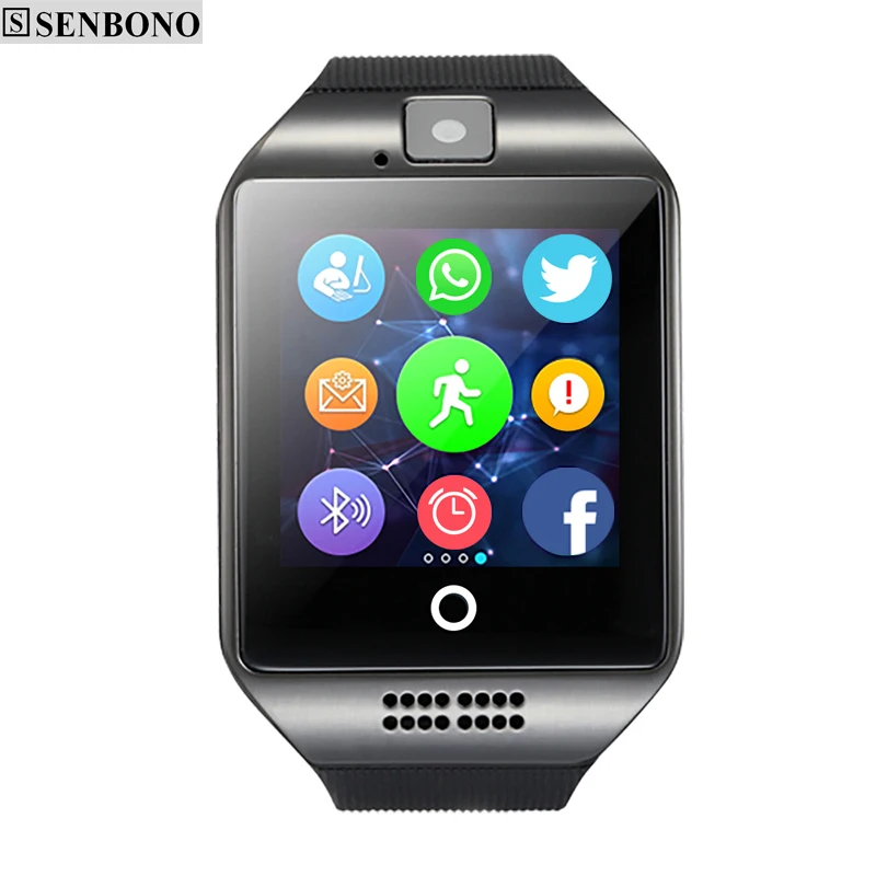 Black with Box SENBONO Bluetooth Смарт часы Q18 Шагомер Спорт анти-потеря с сенсорным экраном камера TF карта Smartwatch для Android pk DZ09 A1 - Цвет: Black with Box