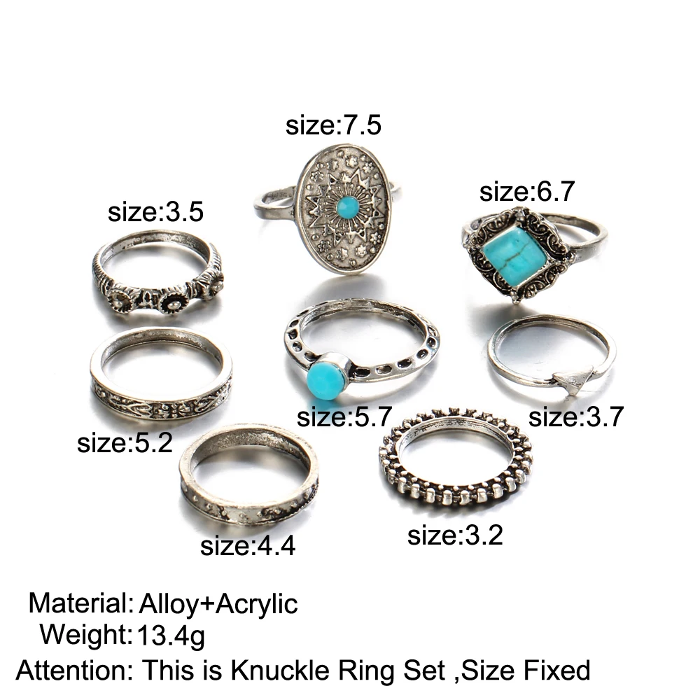 Women Retro Knuckle Ring Sets 8piece /set Blue Stone Jewelry Big Rings Midi Joint Carved Heart Party Fashion | Украшения и