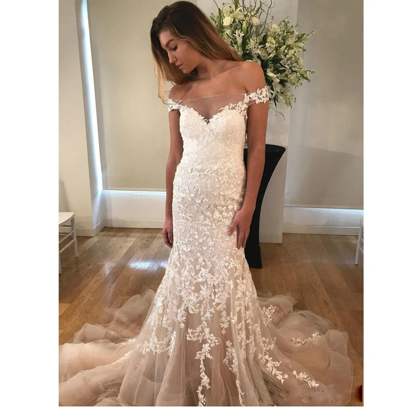 Элегантное кружевное свадебное платье русалки с открытыми плечами Свадебные