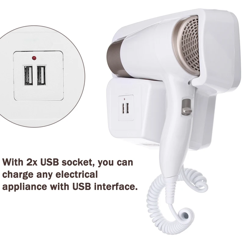 Настенный электрический фен для волос 2 режима Регулируемый Usb-разъем отеля дома