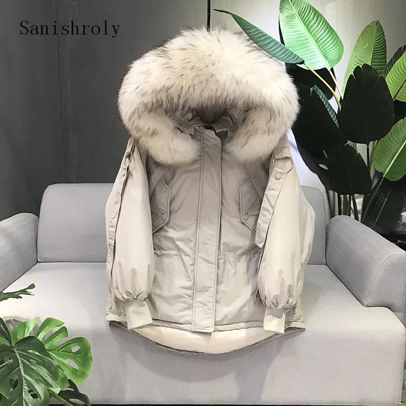 Sanishroly Winter Women Hooded Coat Casual Thicken White Duck Down Jacket Big Fur Collar Parka Female Short Outerwear Tops SE695