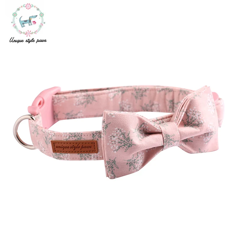 collar with bowtie Розовый белый цветочный ошейник для собак с галстуком-бабочкой ручной работы пластиковая пряжка для собак и кошек воротничок товары для животных модный ошейник и поводок для собак - Цвет: collar with bowtie