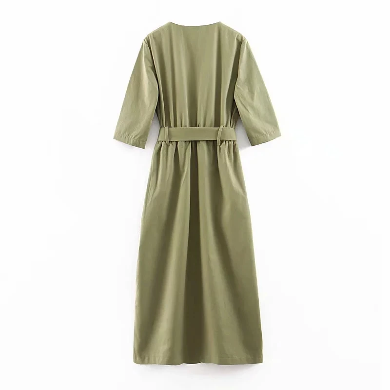 Женское зеленое длинное платье повседневное хлопковое с поясом винтажное