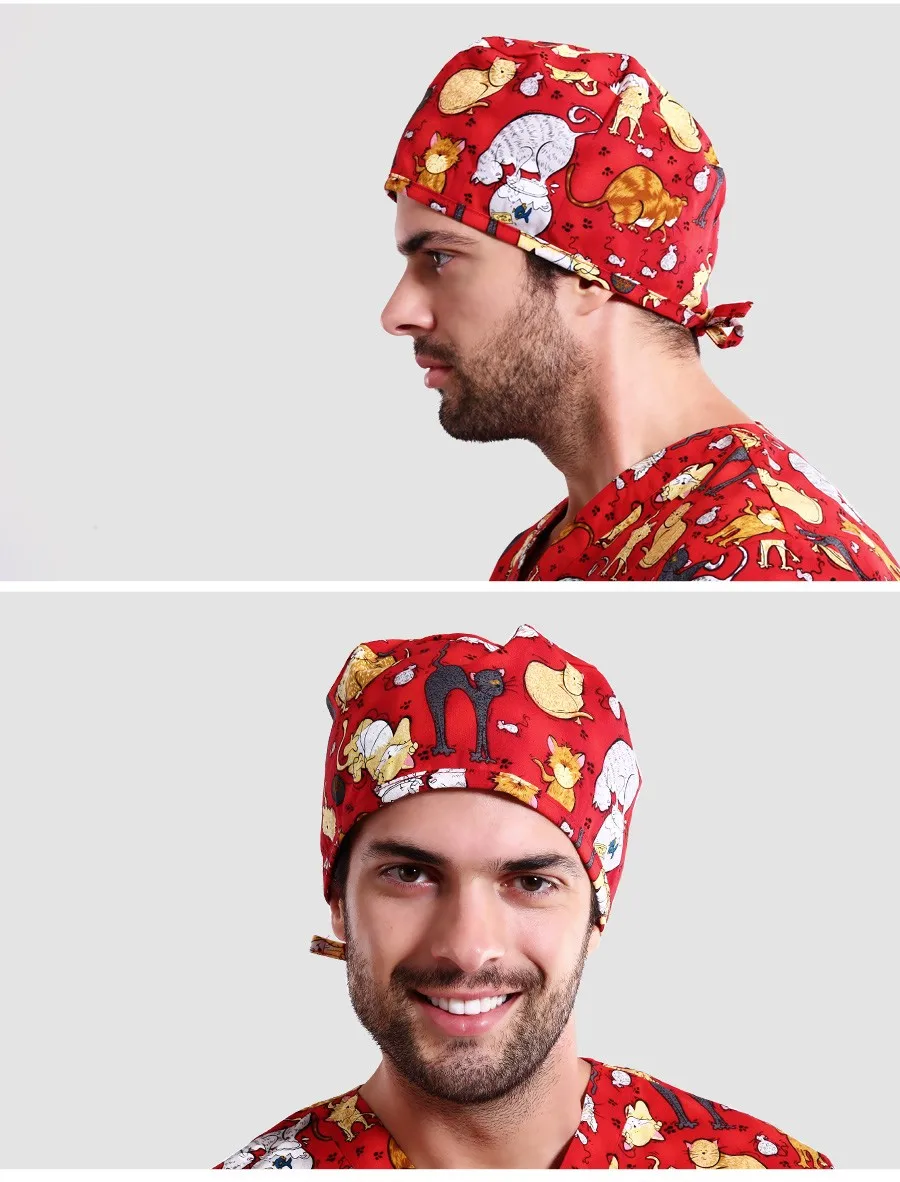ANNO Medical caps Red Cotton Short/Long Hair Surgical Surgeon's Surgery Hat Hospital Doctor Nurse Hat Men Scrub Hats With Mask