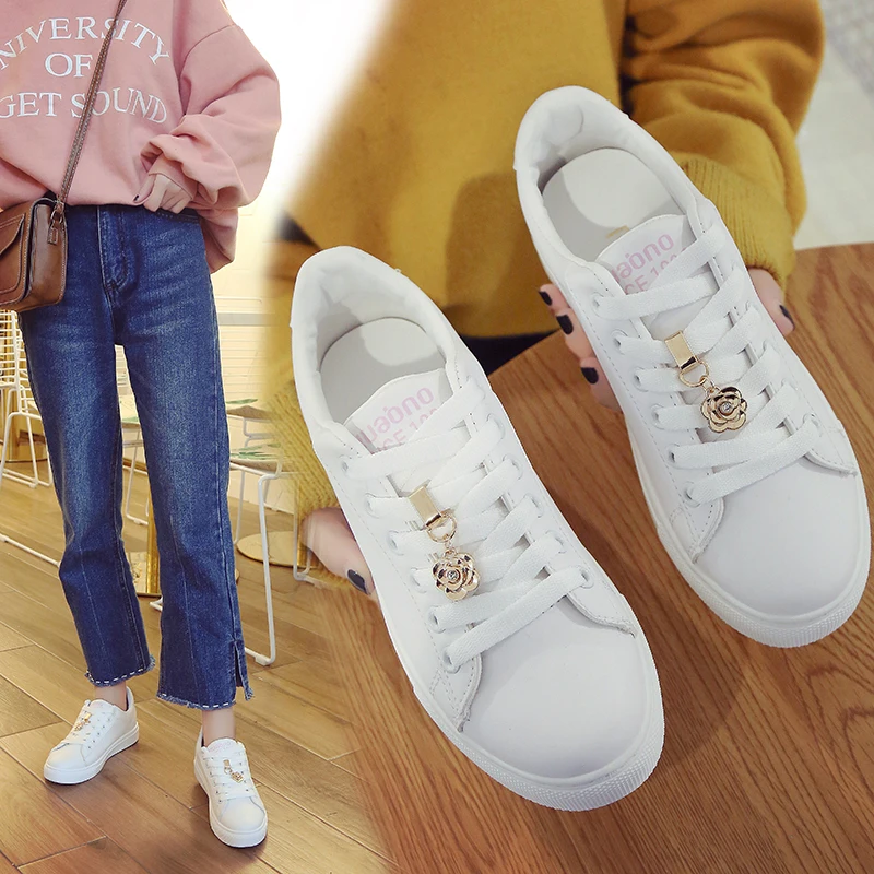 Siddons/2018 Осенняя Белая обувь с цветами и розой Повседневная Обувь На Шнуровке Для