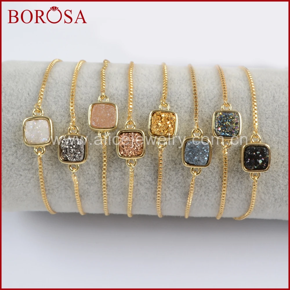 BOROSA, 10 шт., золотой цвет, ободок, квадратный, Радужный, титановый, друза, регулируемые браслеты для женщин, Drusy, смешанные цвета, браслет ZG0222