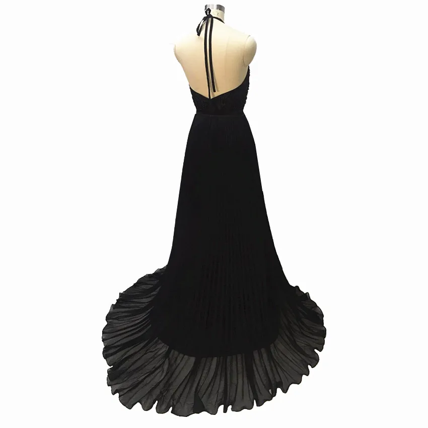 Шифоновые длинные вечерние платья на тонких бретельках черные с бисером 2020