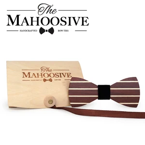 Mahoosive ручной работы полосатый деревянный галстук-бабочка запонки модный деревянный Свадебный галстук-бабочка Набор подарочных коробок