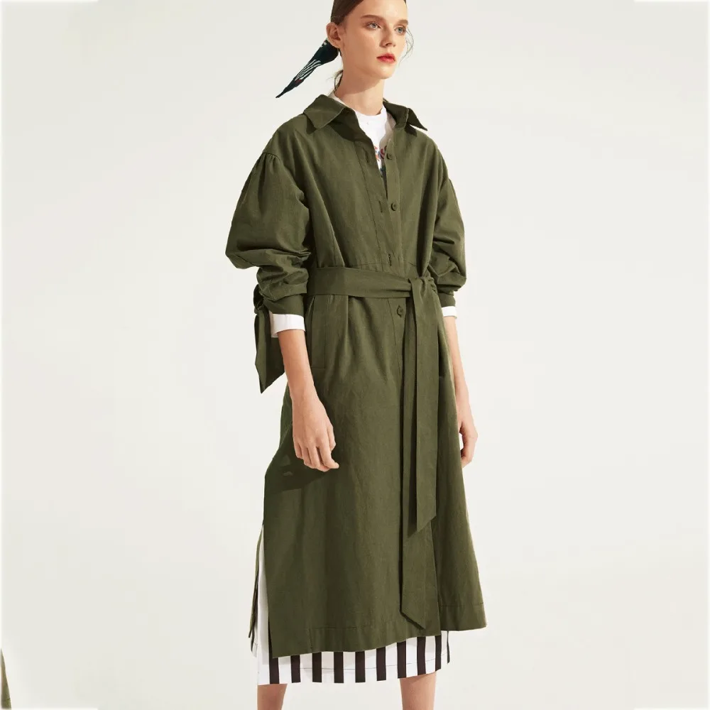 Darcydebie Autumn Women Sweet Turn-down Collar Waist Lace-up single-breasted Side Forking Office Lady Slim Long Trench Coat | Женская