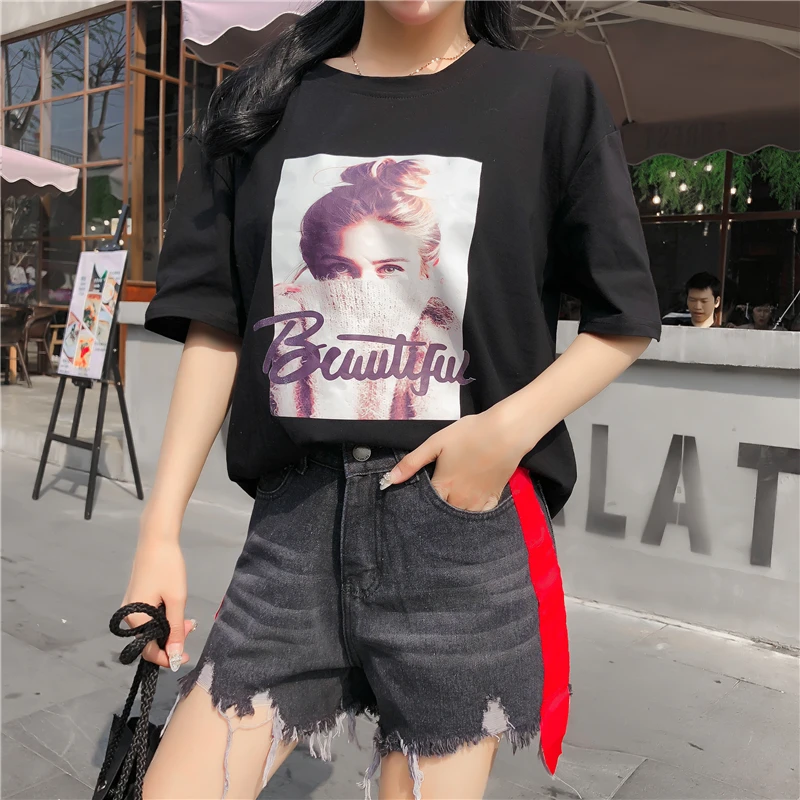 Bump color side stripes 2018 summer new Korean version of frayed fringe hole jeans shorts high-waisted student hot pants 8617 | Женская
