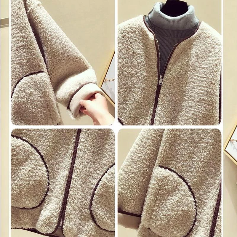 

Fashion Lambswool Coat Women 2019 Winter Warm Jacket Coat Short Korean Loose O Neck Zipper Long Sleeve Women Clothes White f210