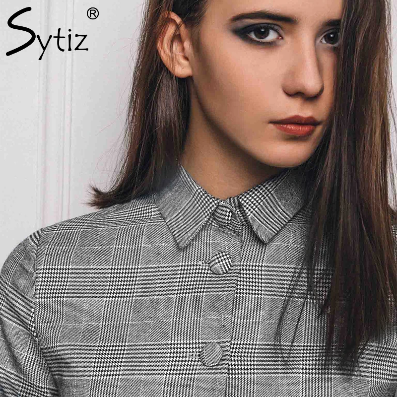 Sytiz серый Винтаж Кнопка Рубашки в клетку платье 2017 женская обувь осень-зима