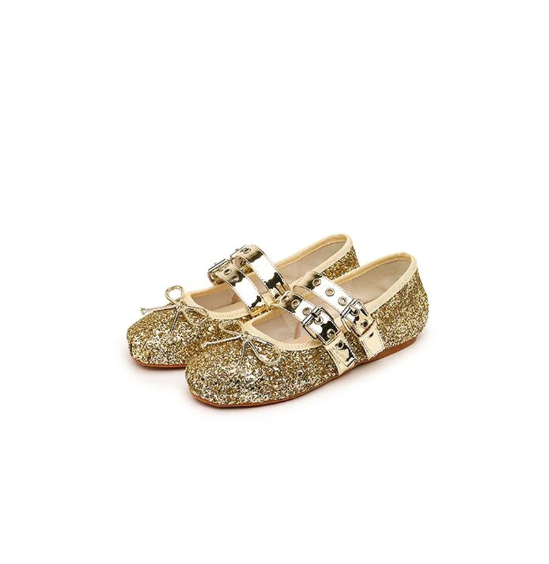 gold flat 1cm Stylesowner/Модные балетки на плоской подошве; сезон весна-лето; цвет золотой, серебряный, черный; Блестящие Блестки; Бандаж с бантом; пряжка на ремешке; Sapato - Цвет: gold flat 1cm