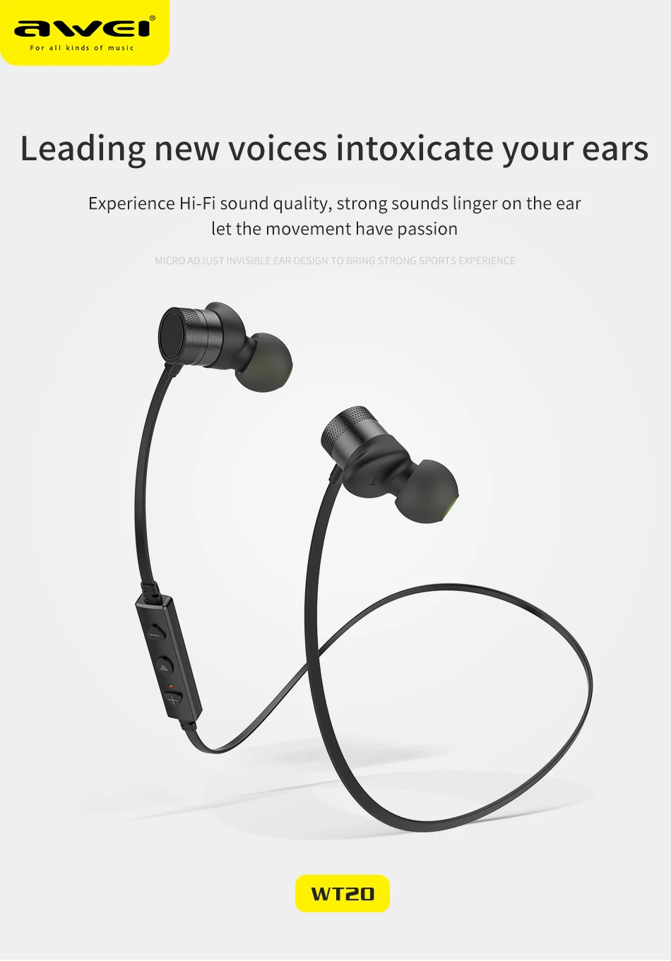 AWEI WT20 оригинальные беспроводные наушники-вкладыши Bluetooth спортивные наушники Hi-Fi стерео звук Магнитный дизайн громкой связи для игр с микрофоном