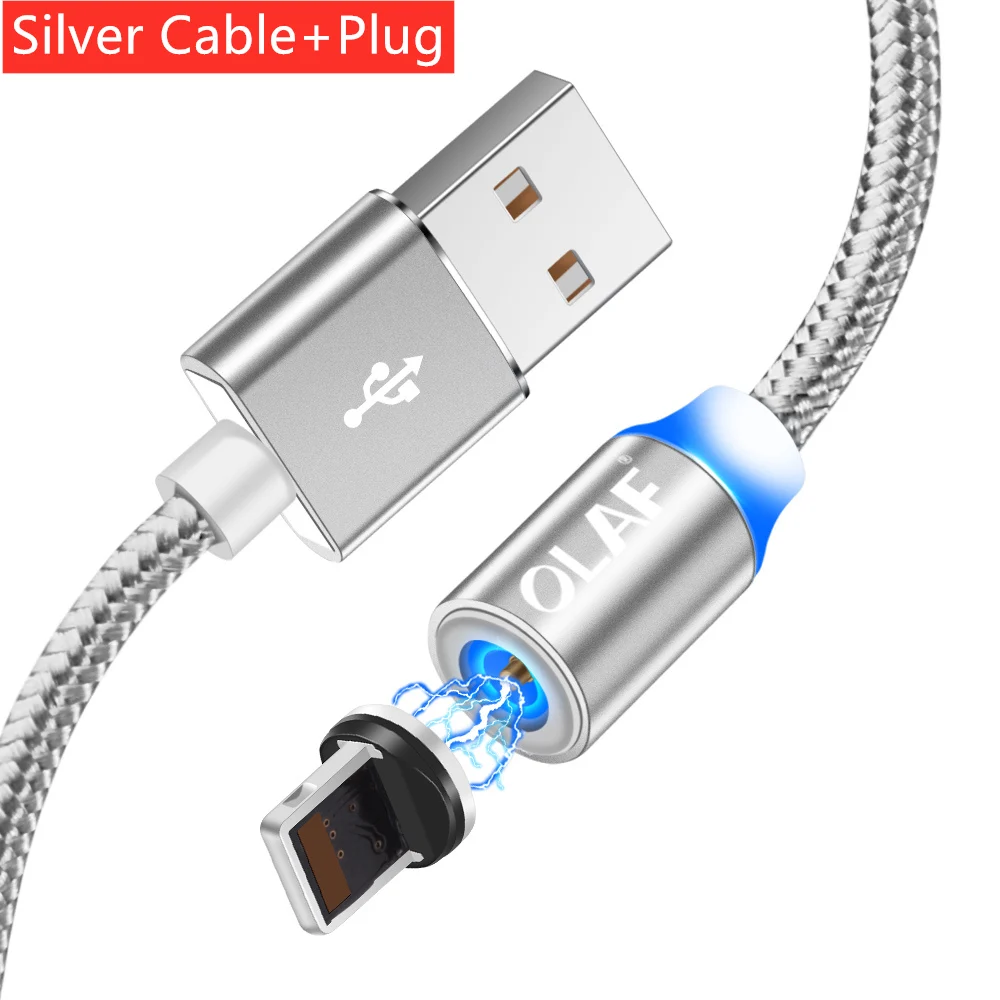 Silver Магнитный usb-кабель Олаф 1 м 2 м нейлоновый Магнитный кабель для быстрой зарядки Micro USB type-C для iphone 7 X Xs Max samsung S9 huawei Xiaomi - Цвет: Silver