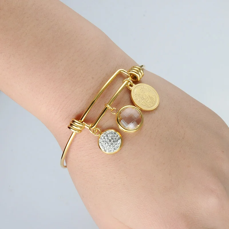 D&ampZ Vintage San Benito Bracelet Gold Color Stainless Steel Bling Charm Crystal Adjustable Wire Wrapped Bangles Bracelets Jewelry |
