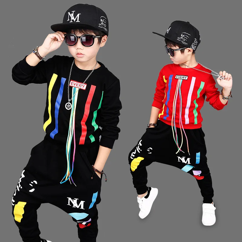 2018 Autumn Boys Hip Hop Clothing Set Kids Color Bars Printing Dancing Clothes Children Sport Suit Tops + Harem Pant 2 Pcs A198 |