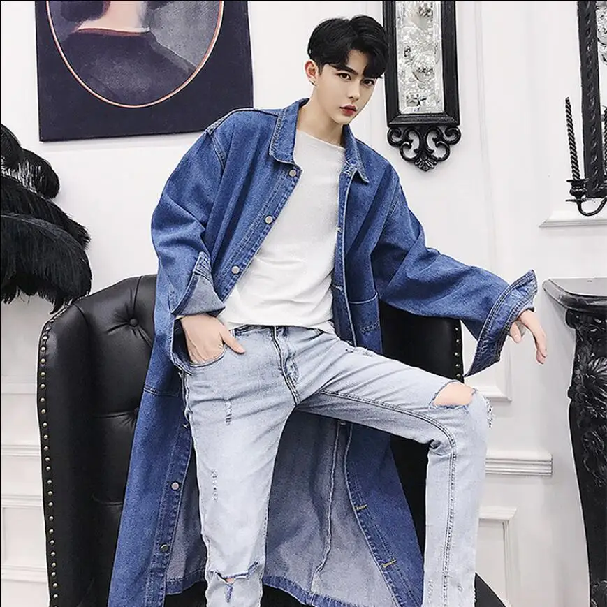 Men Denim Jacket Trendy Coat Autumn Over The Knee Long Section Cowboy Windbreaker Male Loose Thin Youth Handsome Tide Outerwear