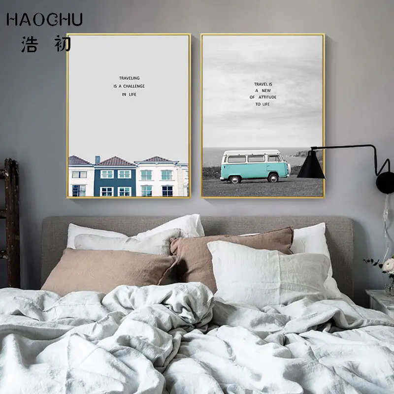 HAOCHU Art Poster Landscape Canvas Painting Sea View Blue Car Fresh House Gray Sky Home Decoration Picture Wall Decor | Дом и сад