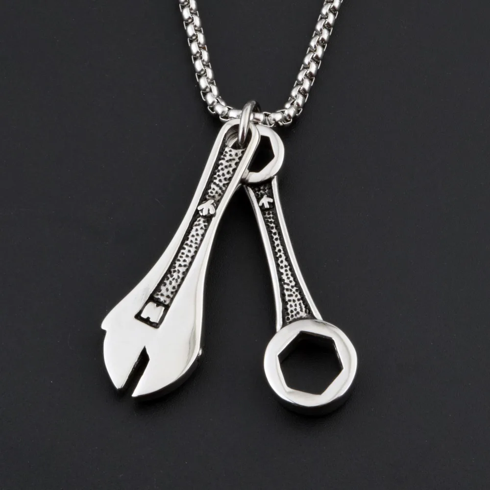 

New Arrival men's 316L stainless steel double pandent necklace hip hop necklace spanner pendant popcorn chain necklace ,CAGF0007