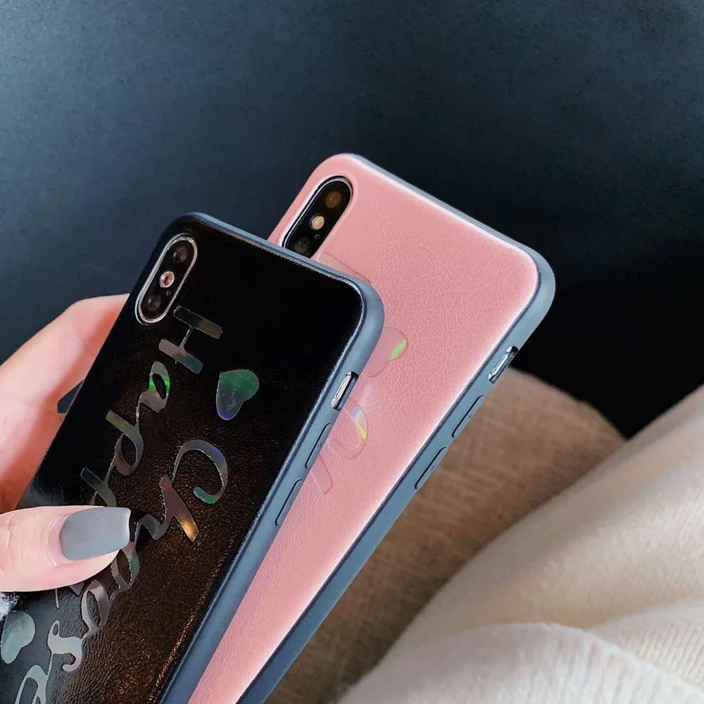 OTAO Leather Letter Phone Case For iPhone XS MAX XR X 8 7 6 6s Plus Bling Cases Laser Star Love Cartoon Cover Solid Color |