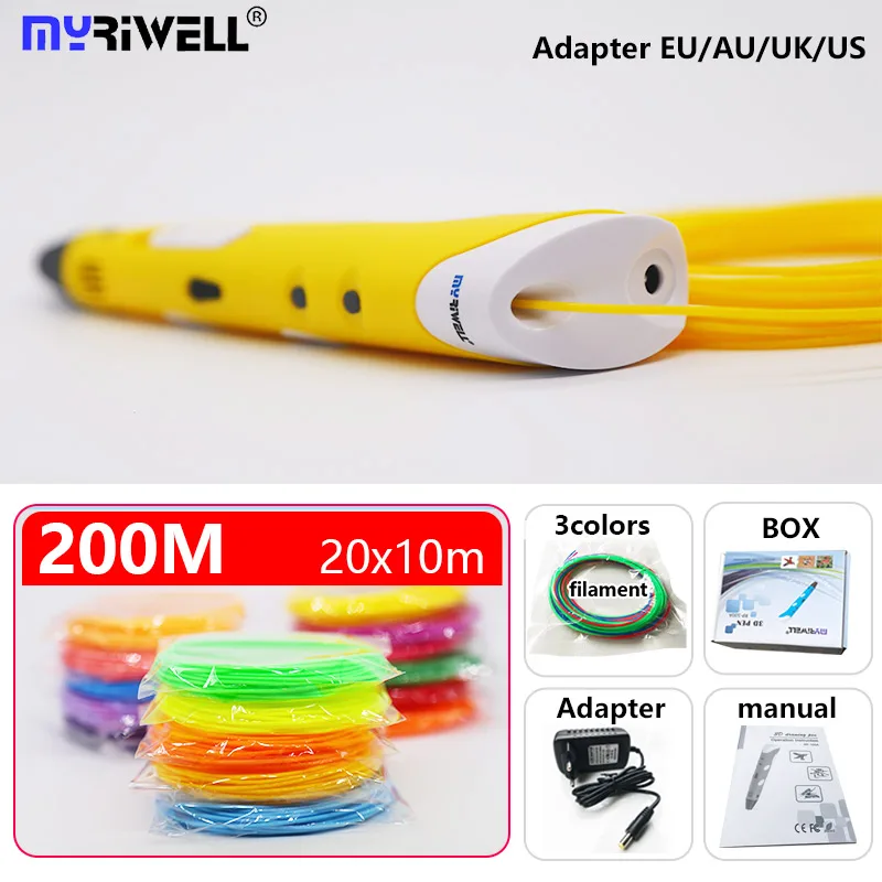 pen and 200m 2 Myriwell 3D Ручка 3 d принтер Ручка 3 d Ручка diy ручка для рисования и ABS/PLA нити Рождественский подарок/подарок на день рождения для детей - Цвет: pen and 200m 2