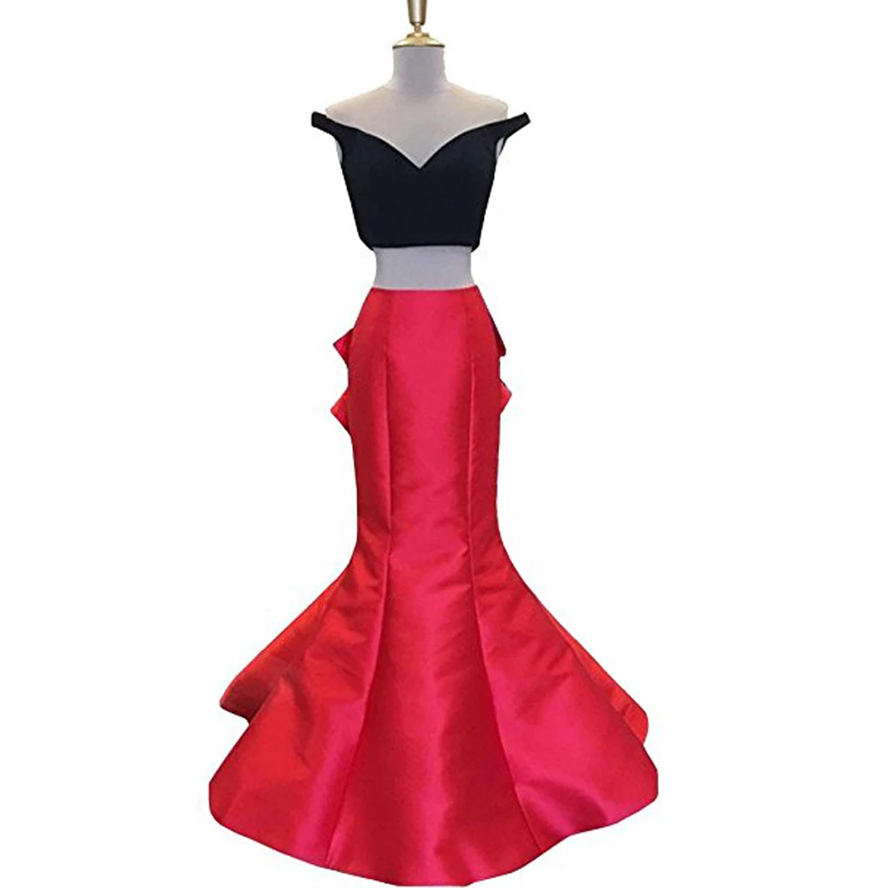 2017 New Two Pieces Gown Prom Dresses Long Pleat vestidos de fiesta Satin V-Neck Off Shoulder Evening Party Dress | Свадьбы и