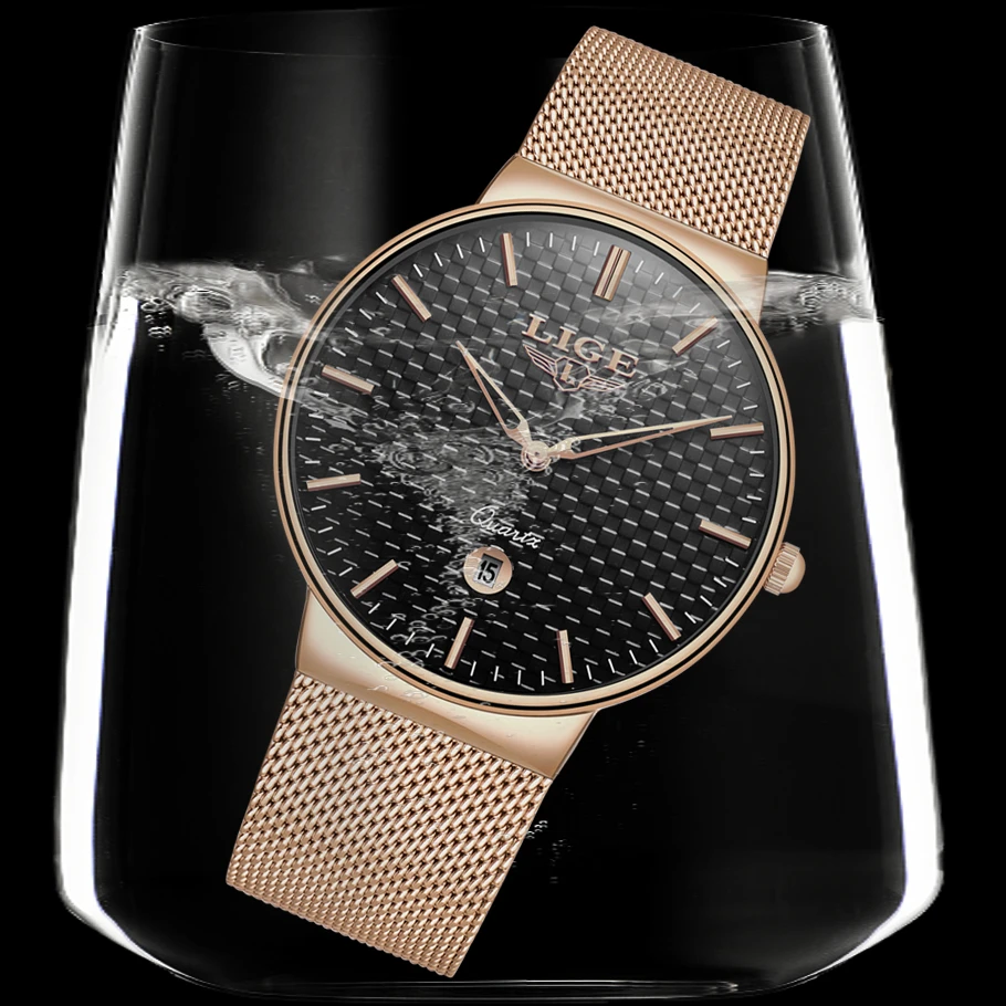 LIGE мужские часы в простом стиле с сетчатым стальным ремешком водонепроницаемые