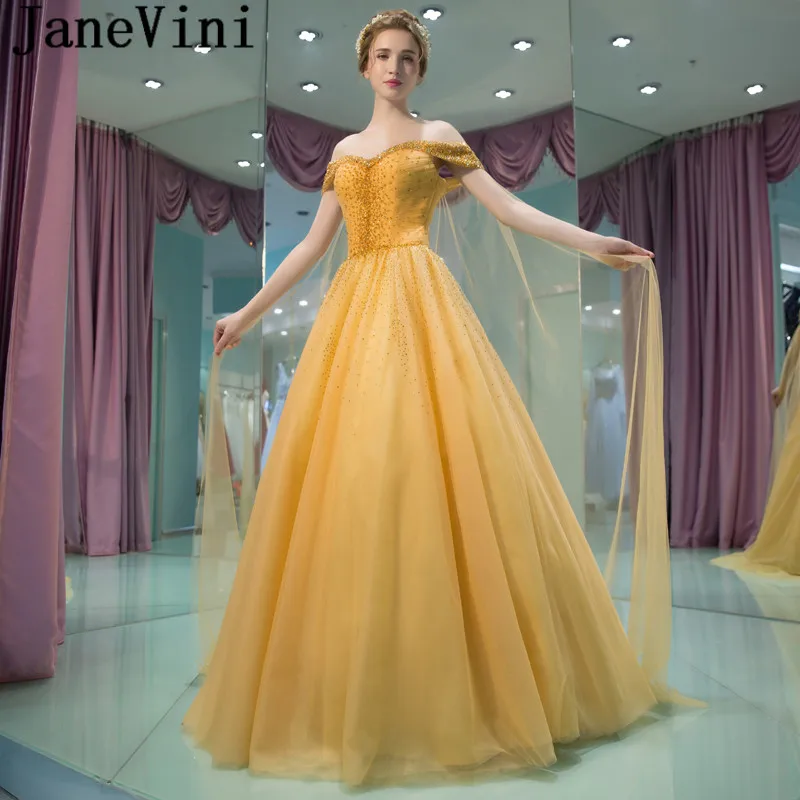 

JaneVini Luxurious Gold Beadings Bride Wedding Party Dress With Cape 2019 Arabic Dubai Sequined Tulle Long Bridesmaids Dresses