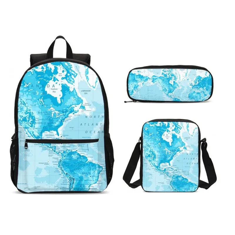 

3 шт./компл. портфель школьные ранцы для мальчиков и девочек модные карта мира 3D печати рюкзаки для детей и подростков Mochila Escolar