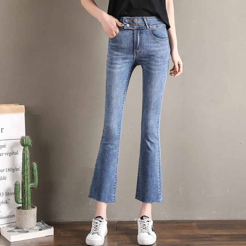 Denim Jeans Women Skinny Stretch High Waist Casual Scratched Bleached Wide Leg Pants Slim Button Ankle-Length Female Fashion |