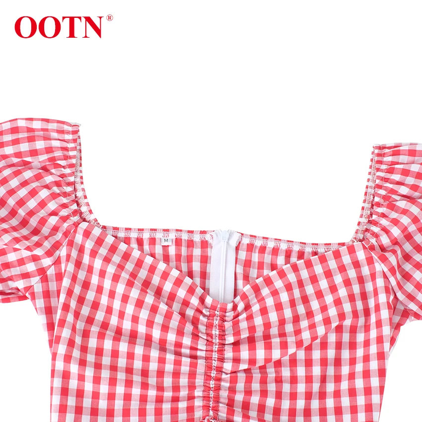 OOTN Красное Белое клетчатое женское мини-платье кружевные буффы на рукавах винтажные летние сарафаны Повседневные женские короткие платья на шнурке