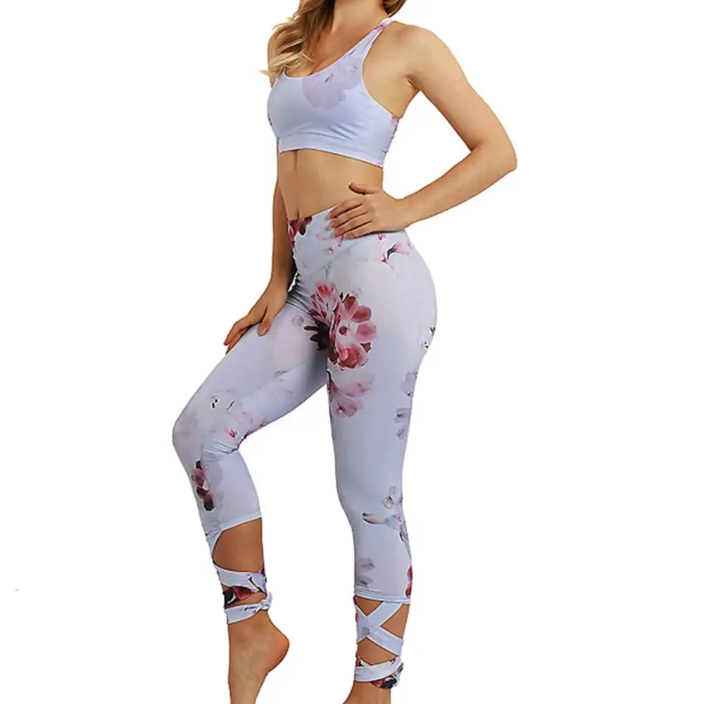 Спортивный костюм для женщин цветочный принт пюре лоскутное 2 шт. Йога Комплект