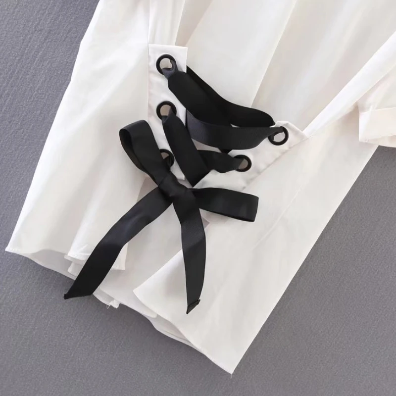 2017 Модные женские рубашки со шнуровкой и круглым вырезом блузки с коротким