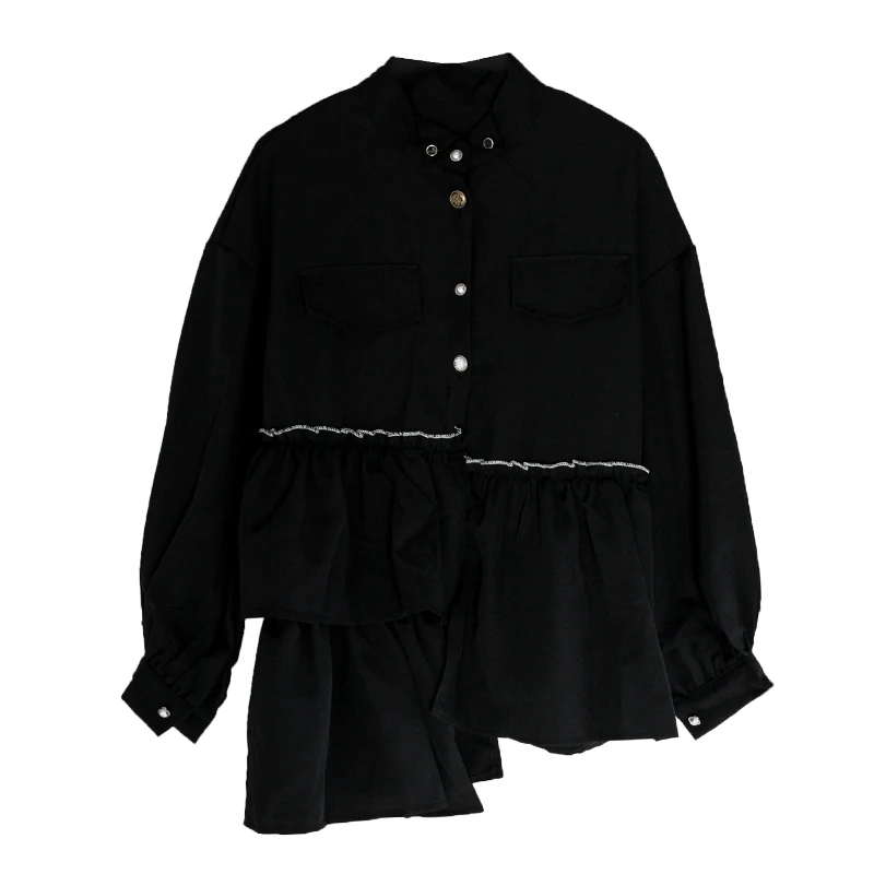 black dress Neploe винтажные черные рубашки женские с асимметричным подолом с оборками блузки с длинным рукавом Свободные негабаритные уличные Топы весенние корейские блузки - Цвет: black dress