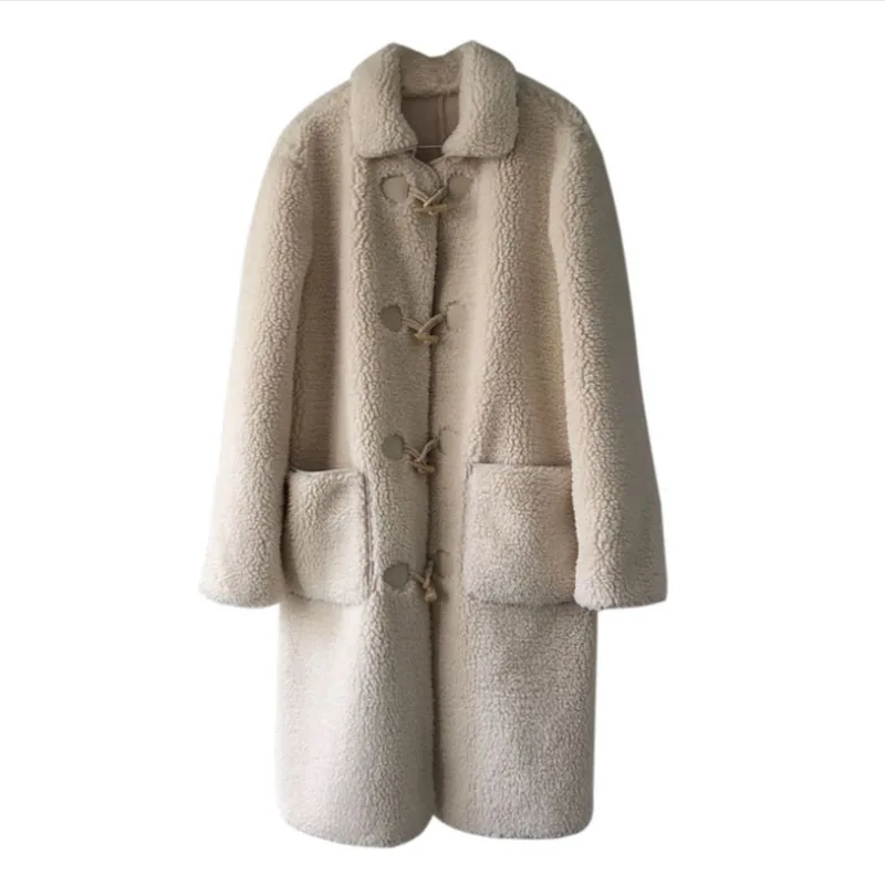 

High Quality 2019 New Designer Women's Woolen Coat Korean White Lamb Fur Thick Lapel Elegant Long Plush Female Winter Outerwear
