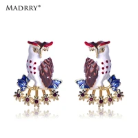 madrry kawaii owl shape enamel drop earrings red crystal bird ear jewelry women girls party accessories harajuku pendant earring