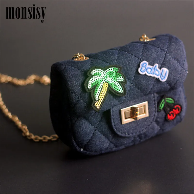 Monsisy Denim Girl Handbag Kid Shoulder Bag Children Wallet Baby Coin Purse Kawaii Small Embroidery badge Diamond Lattice |