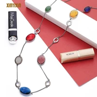 colorful red blue yellow glass long necklace for women green oval rhinestone circles bohemia sweater chain black gold jewelry
